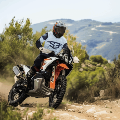Rider on a KTM adventure bike on a dirt trail in the hills of Almería on the Two Deserts tour