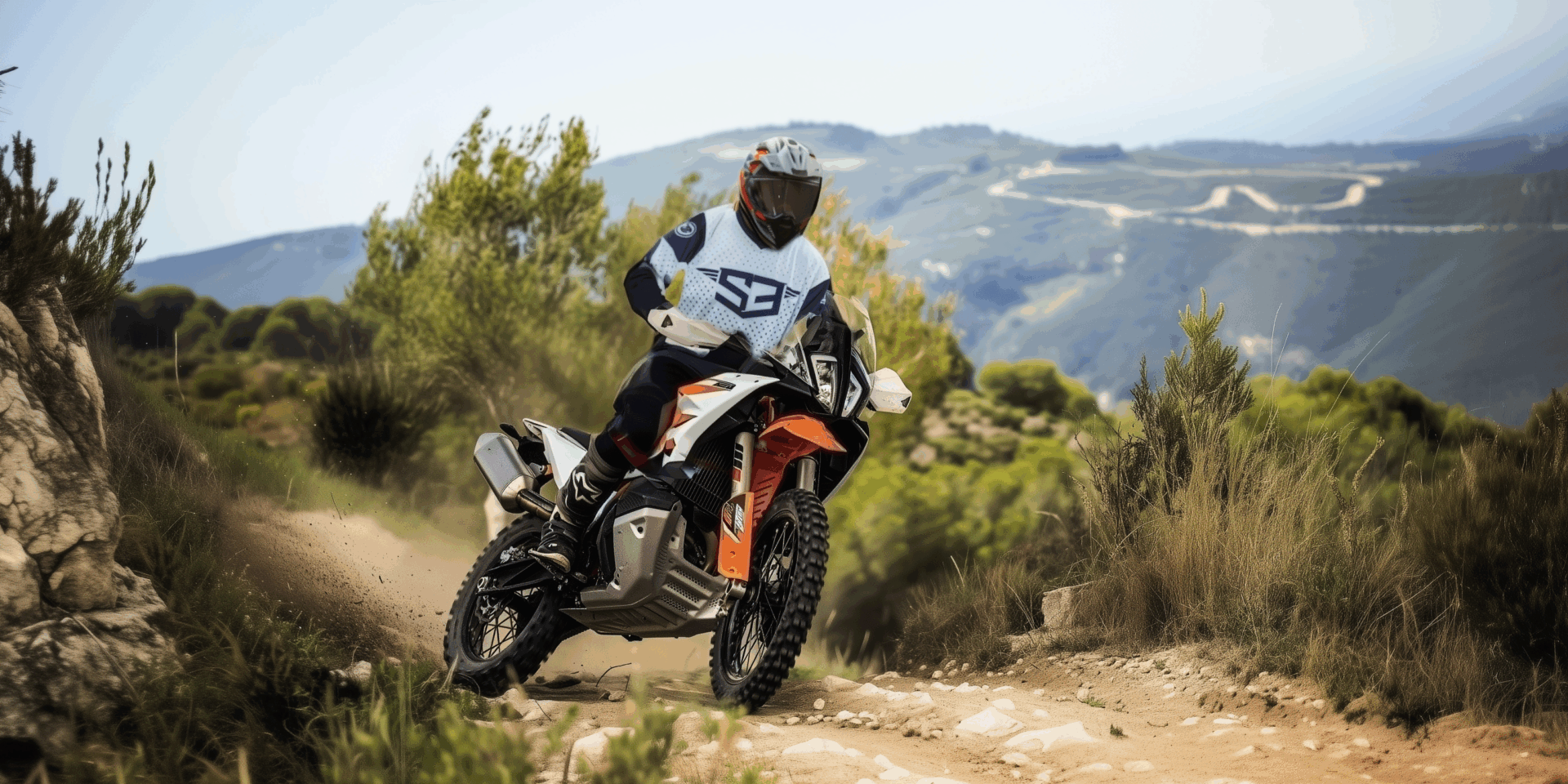 Rider on a KTM adventure bike on a dirt trail in the hills of Almería on the Two Deserts tour