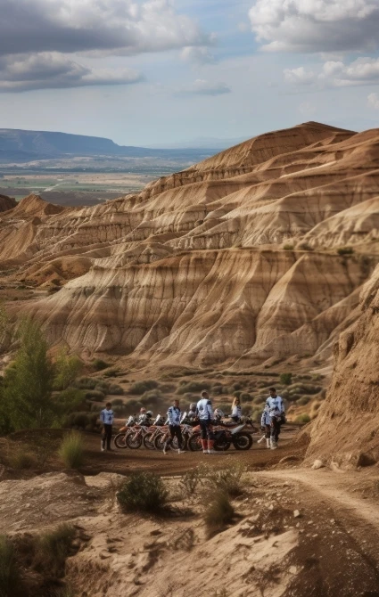 Group of riders on KTM adventure bikes in the badlands canyons of the Gorafe desert