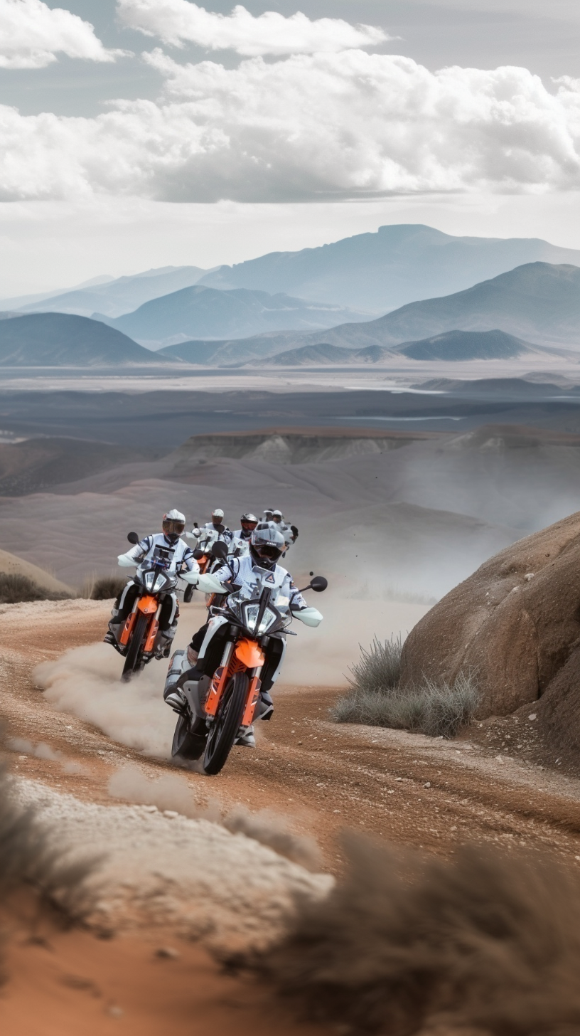 Group of riders on KTM adventure bikes on a dusty desert track in Morocco