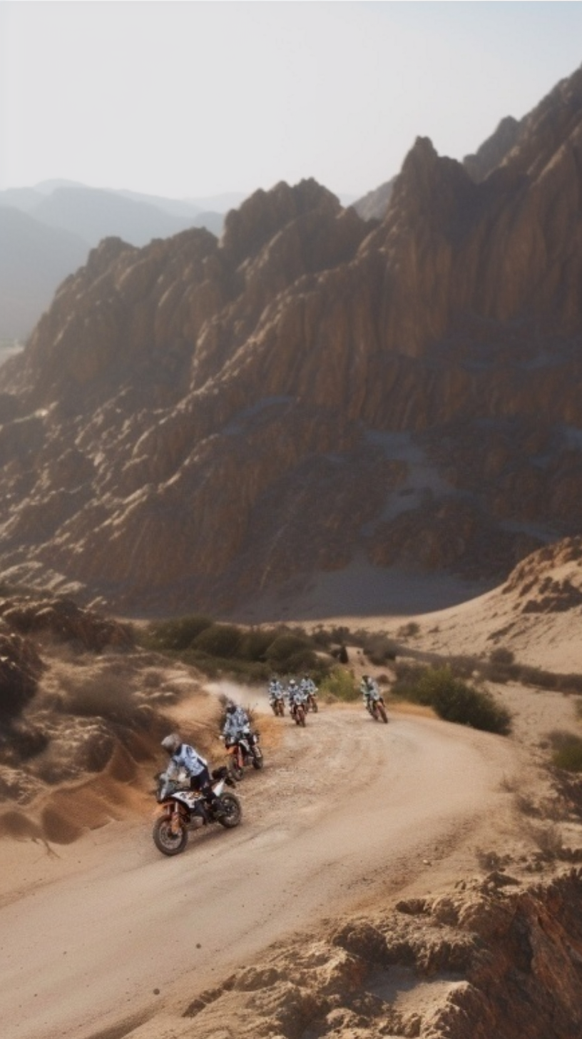 Riders on KTM adventure bikes on a track below rocky desert peaks in Morocco