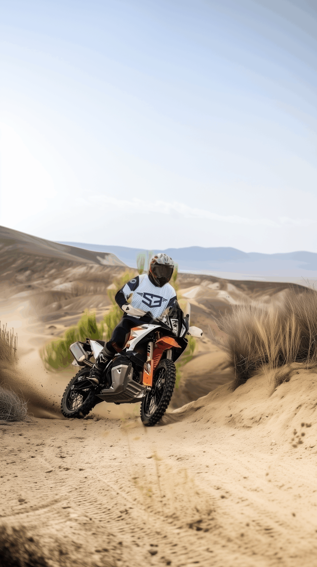 Rider on a KTM adventure bike riding through sand dunes in Morocco