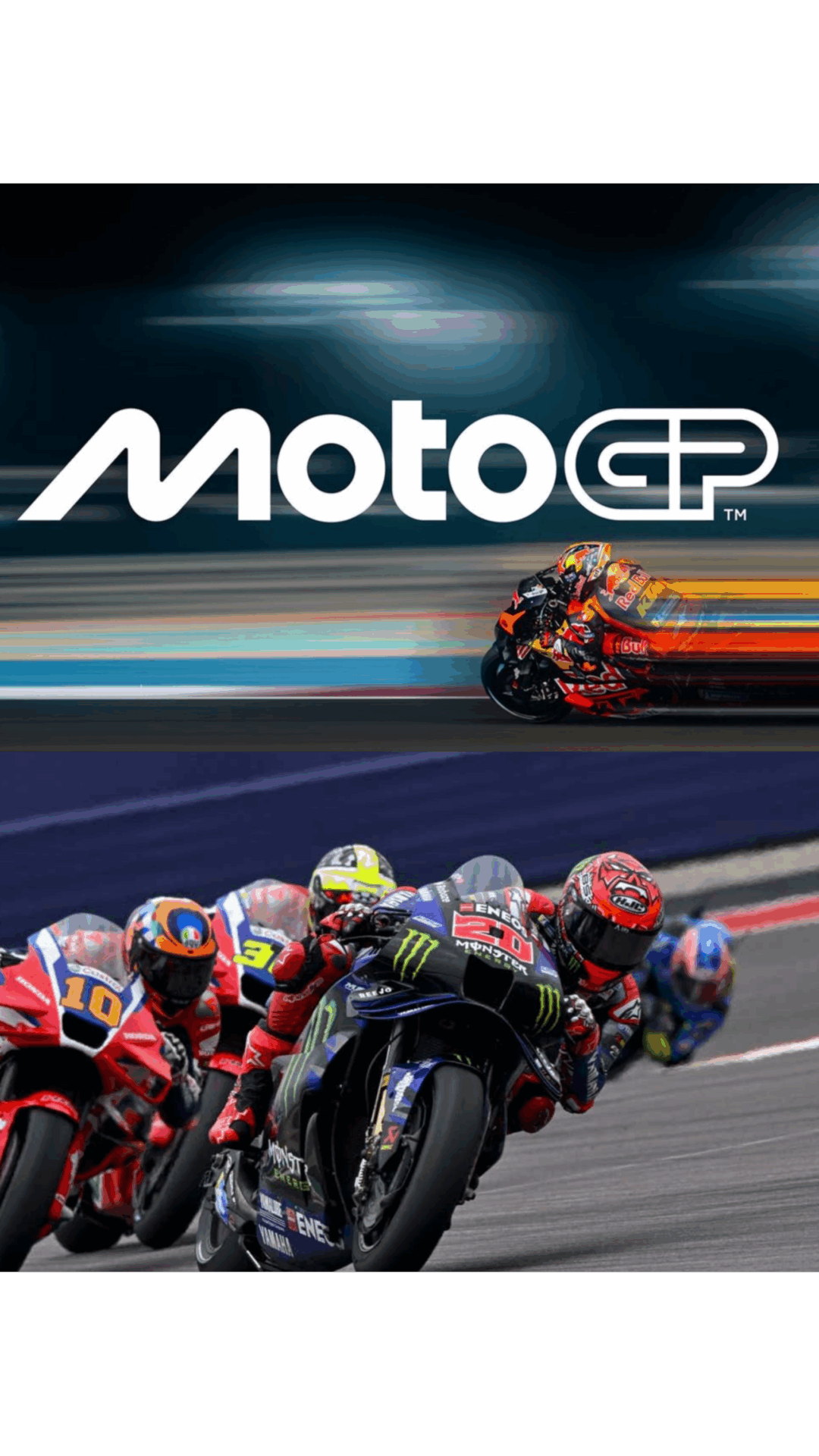 MotoGP logo above riders racing through a corner