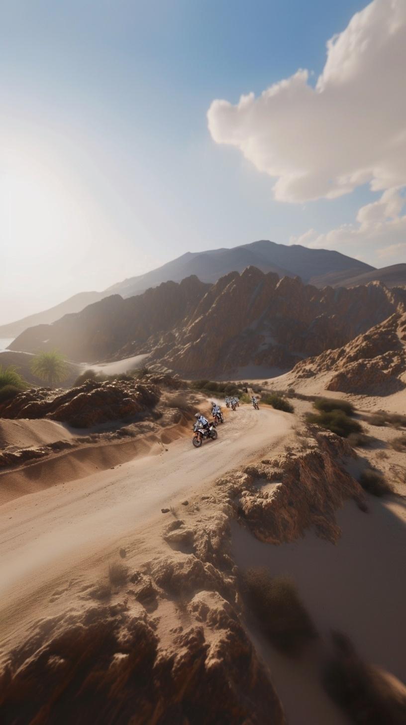 Rider on a dirt track through a sandy desert landscape