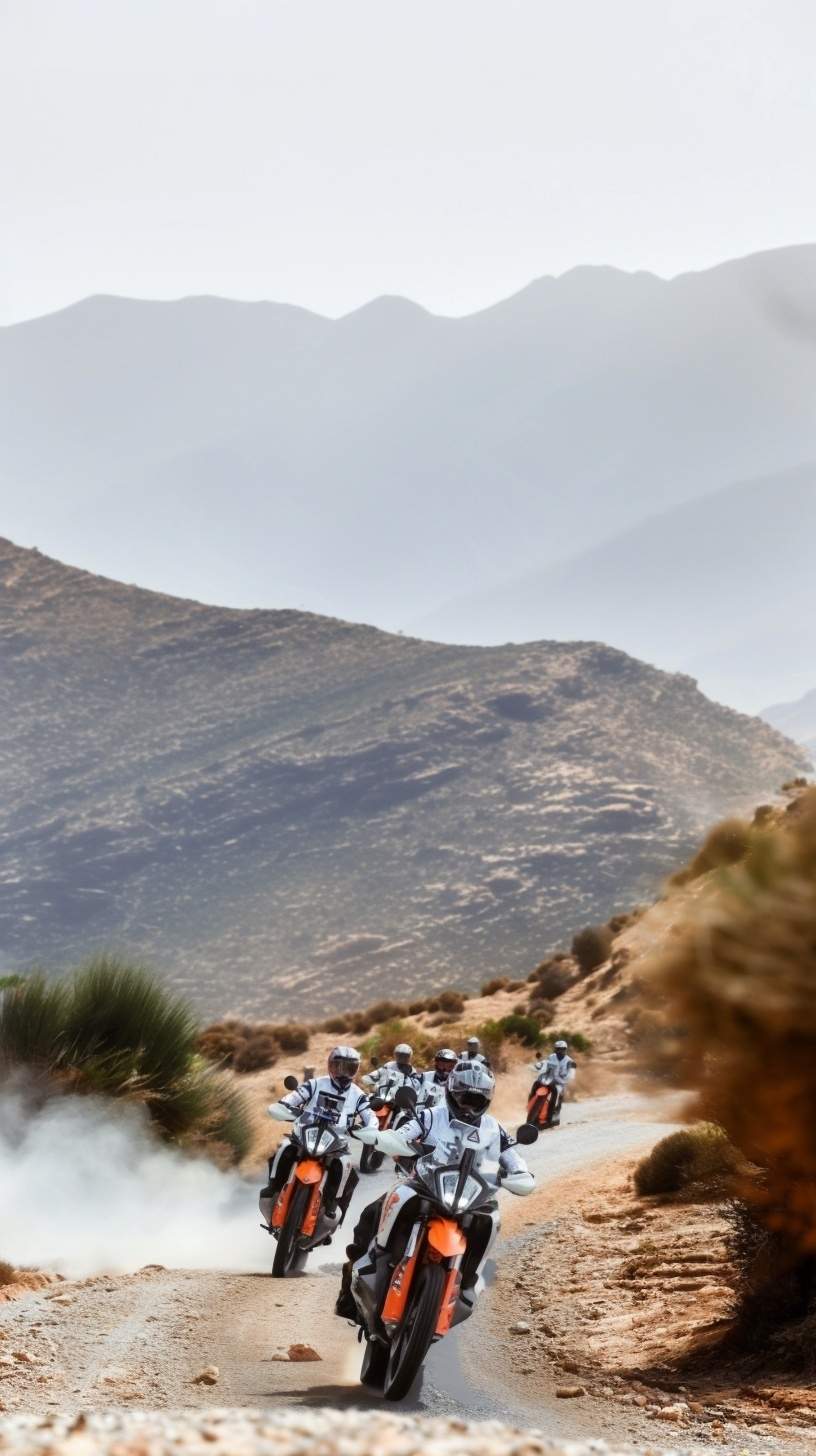 Group of riders on KTM adventure bikes raising dust on a track in arid mountains
