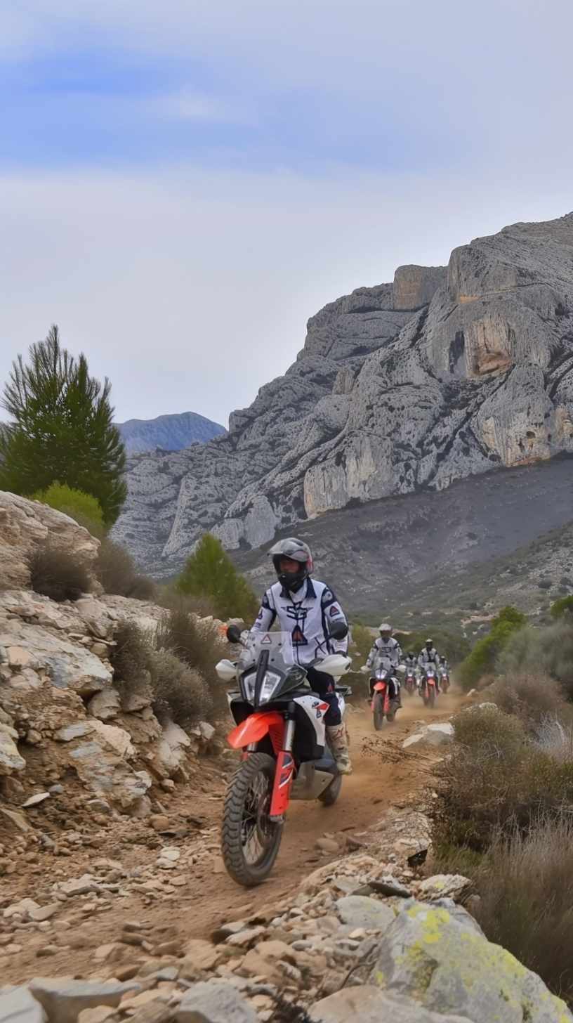 Rider on a KTM adventure bike on a rocky trail through a limestone gorge