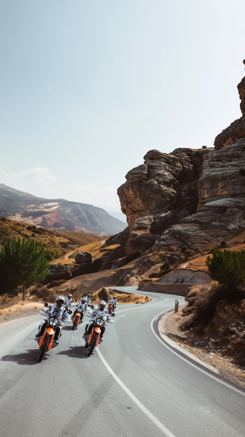 Riders on KTM adventure bikes leaning into a bend on a mountain road on the Andalusian Twisties tour
