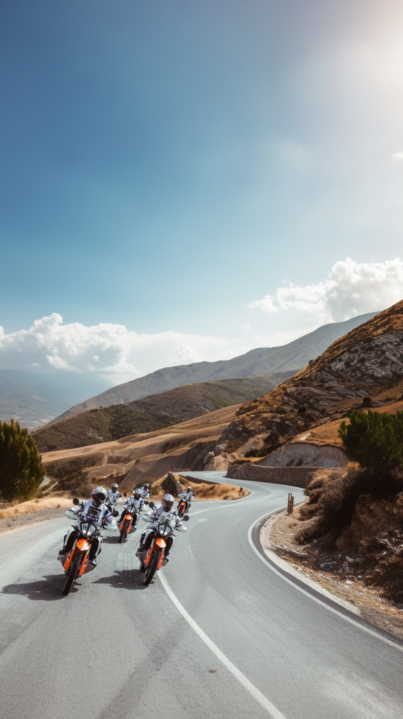 Group of riders on KTM adventure bikes on a curving mountain road through dry hills in Andalusia