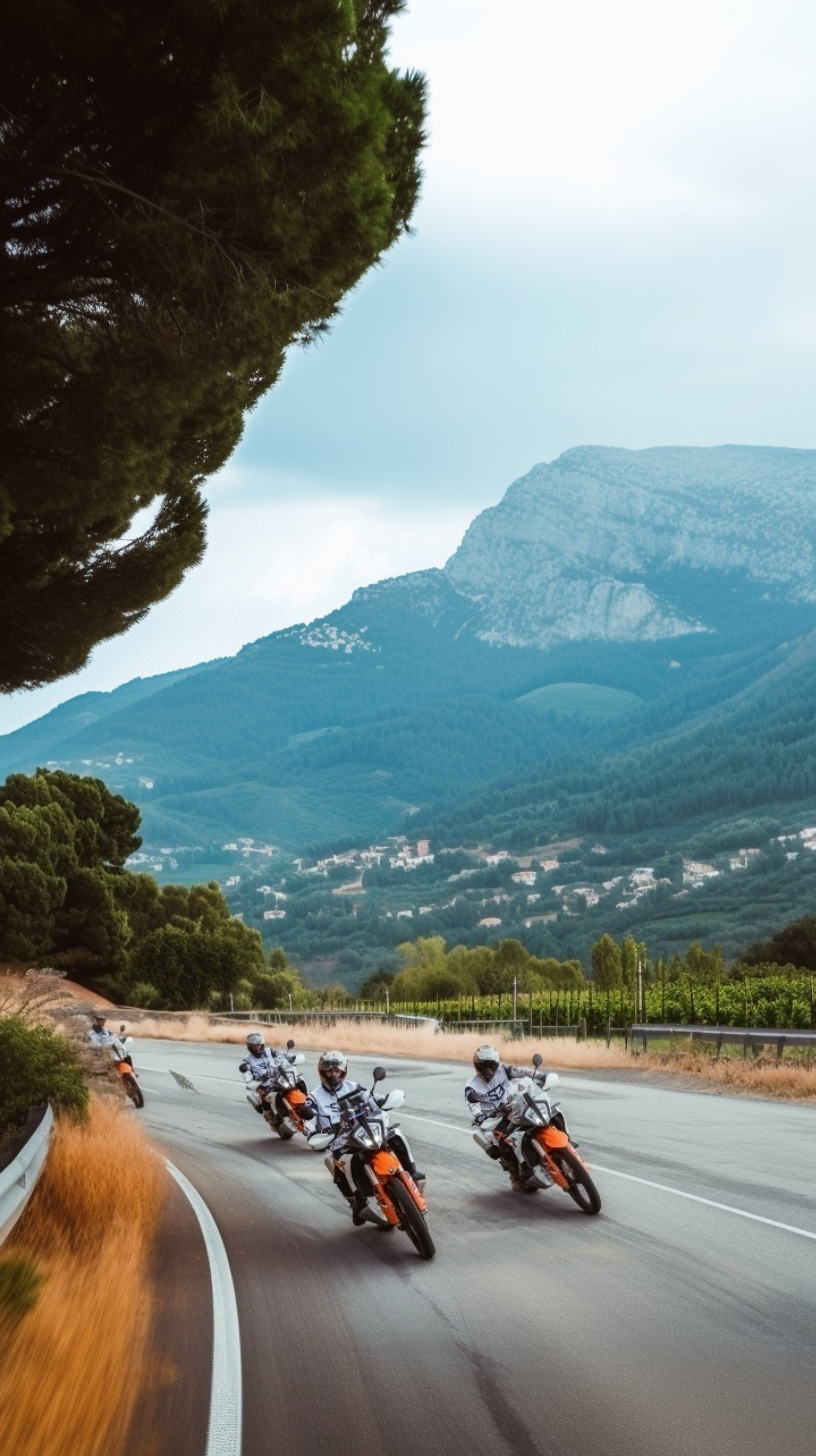 Riders on KTM adventure bikes on a mountain road above a white village in Andalusia