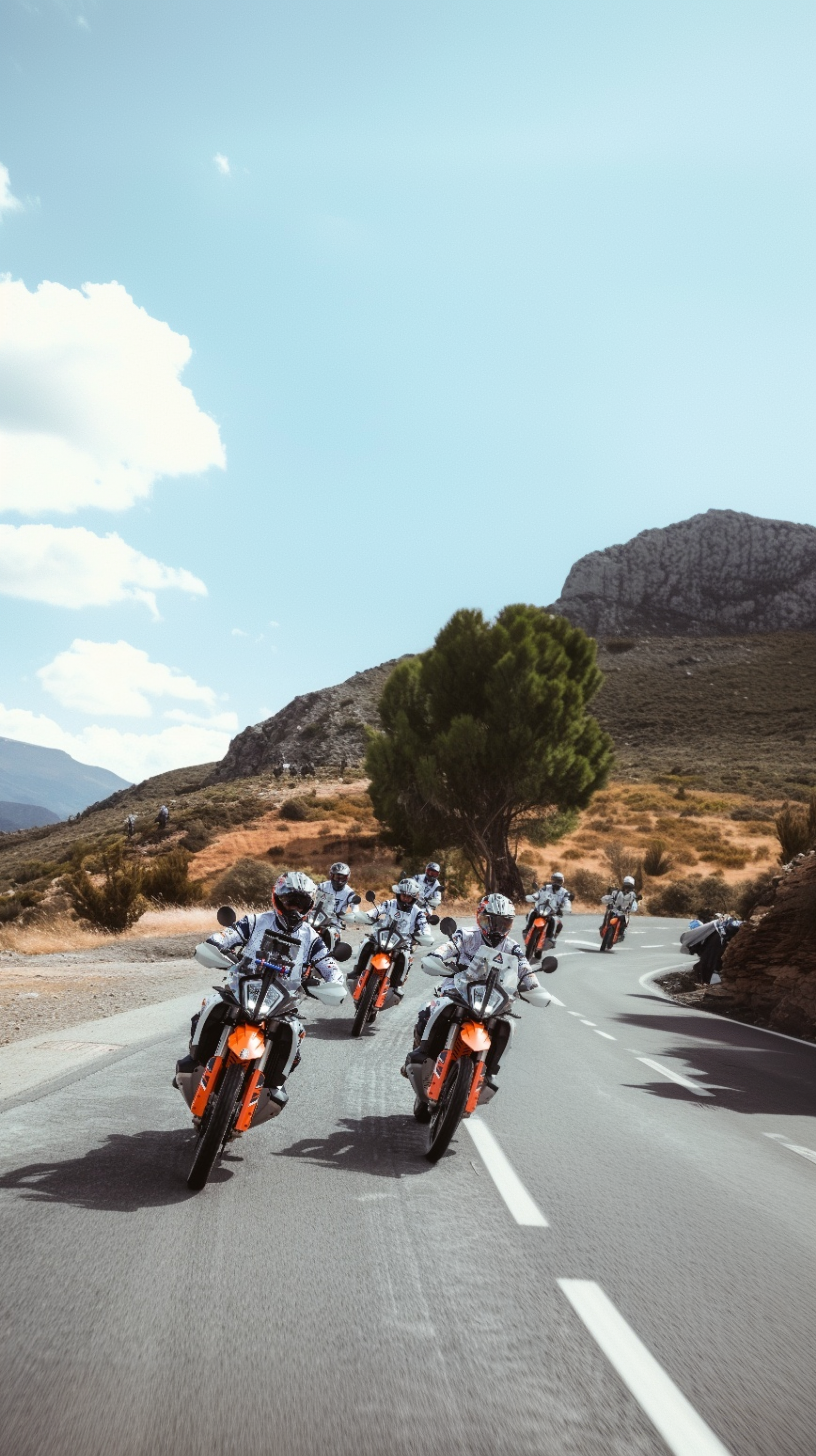 Group of riders on KTM adventure bikes on an open mountain road in Andalusia