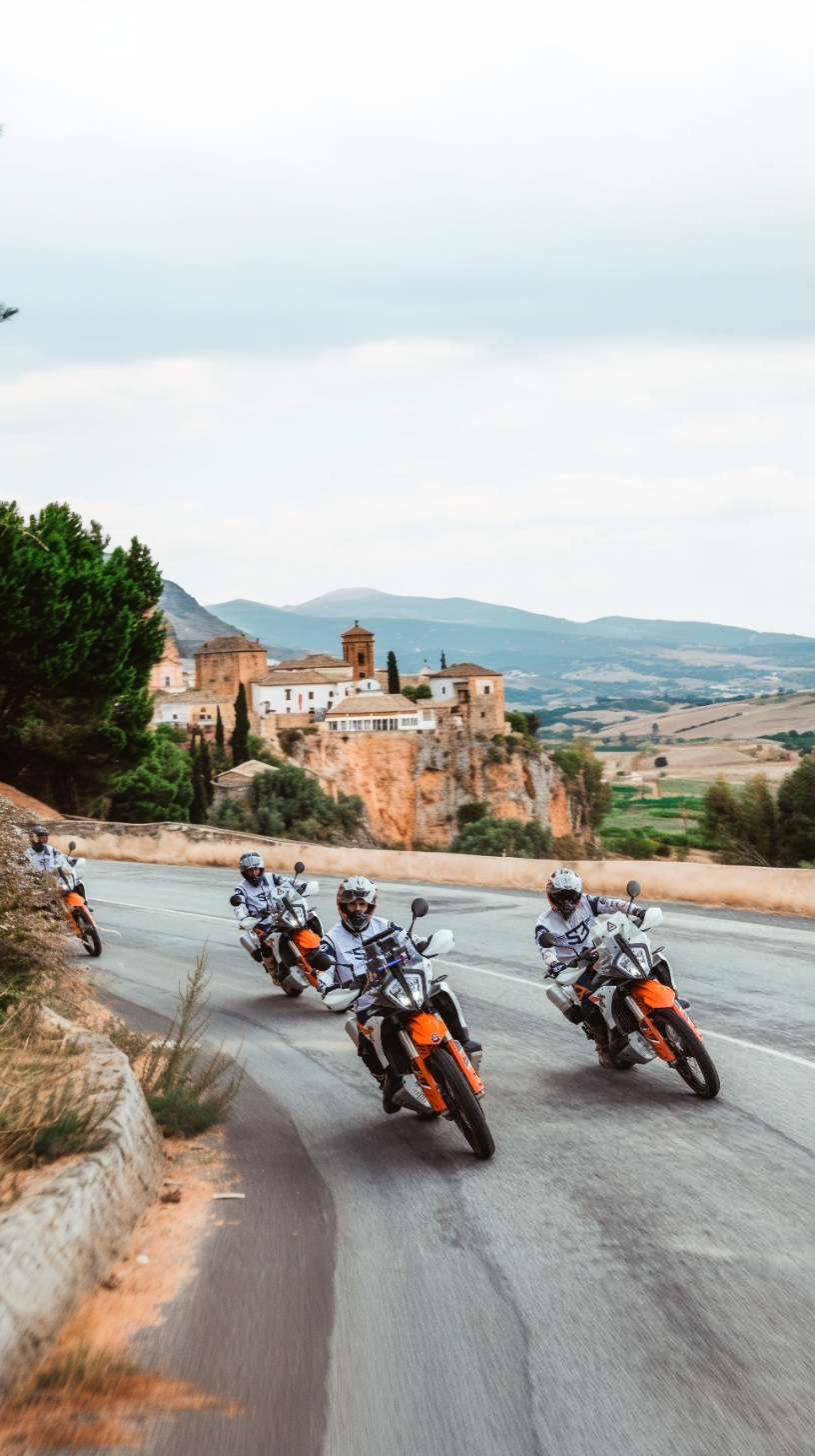 Riders on KTM adventure bikes on a road below a hilltop village near Ronda