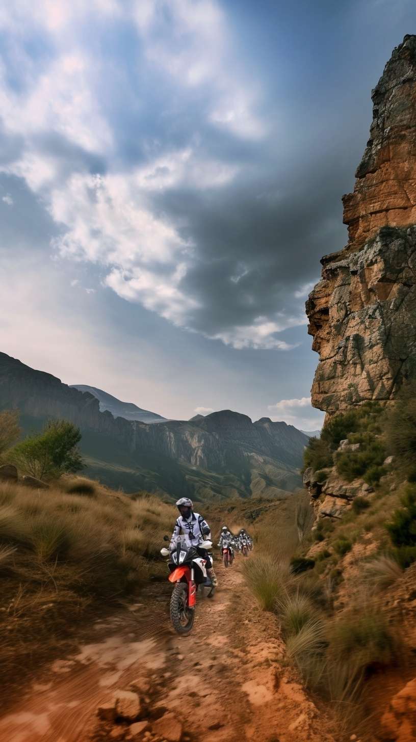 Rider on a KTM adventure bike on a trail below towering rock cliffs