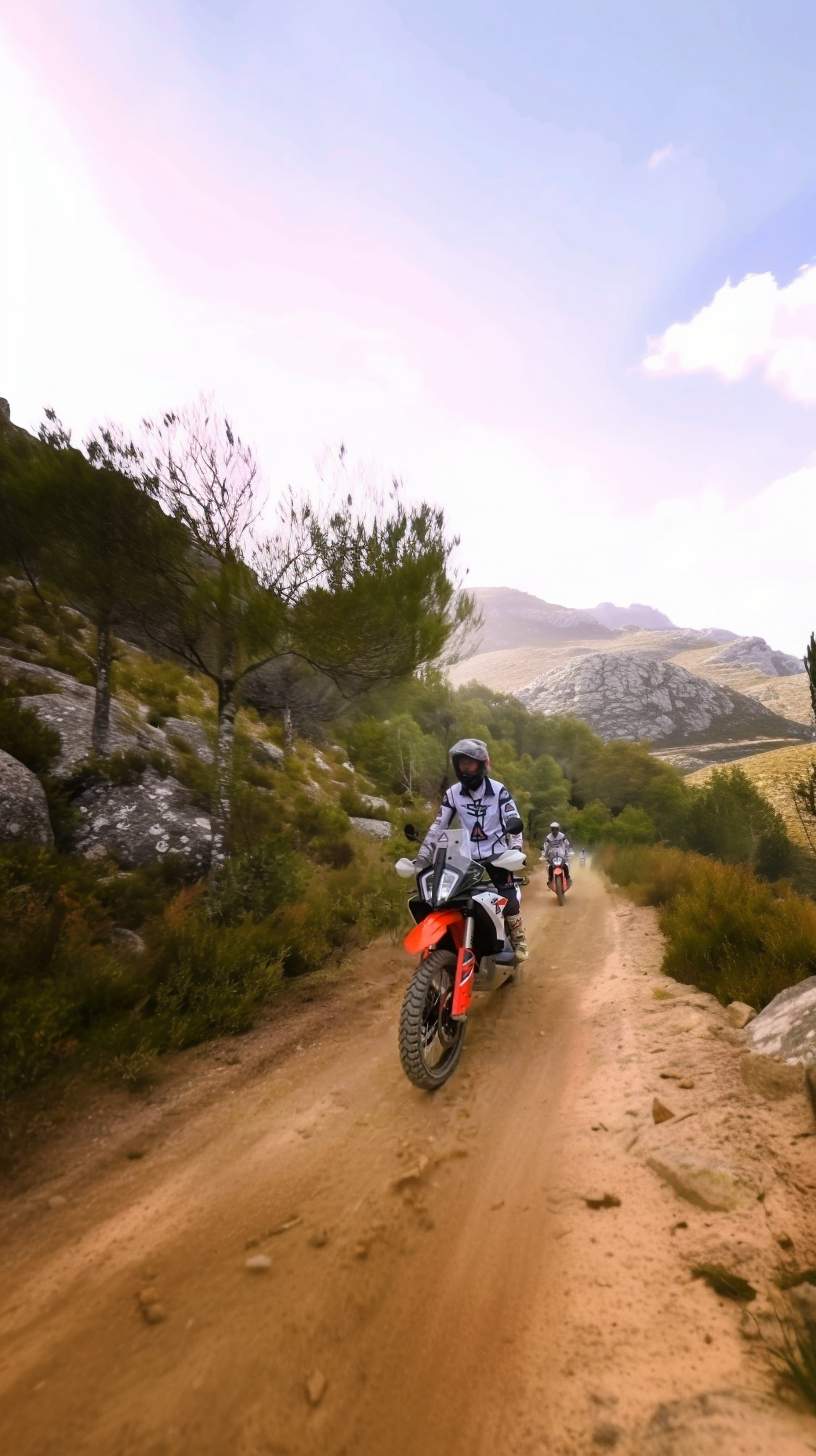 Rider on a KTM adventure bike on a sandy track through hilly scrubland