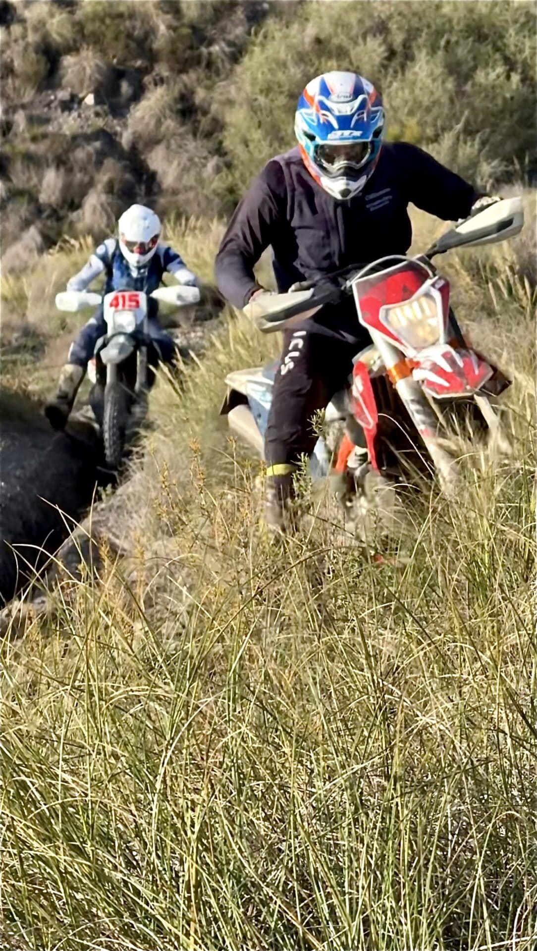Enduro riders climbing through tall grass on the Mediterranean Enduro tour