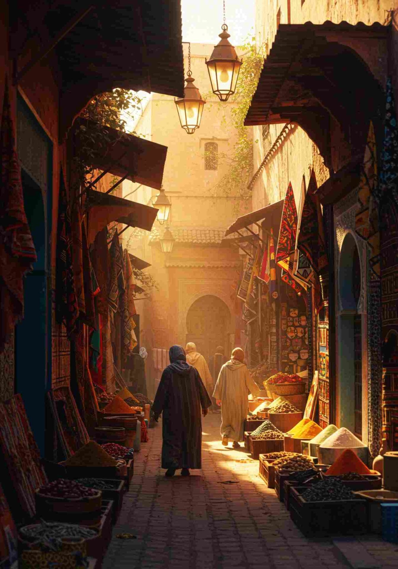 Sunlit alley in a Moroccan medina lined with market stalls