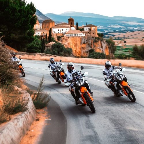 Group of riders on KTM adventure bikes on a winding road below a hilltop village in Andalusia