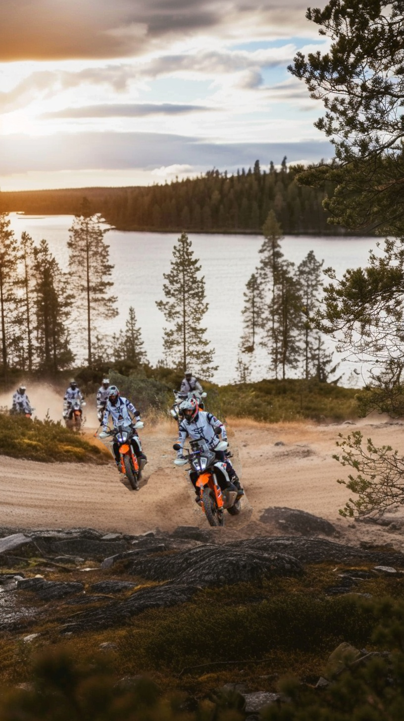 Riders on KTM adventure bikes on a sandy trail beside a lake in Finnish Lapland