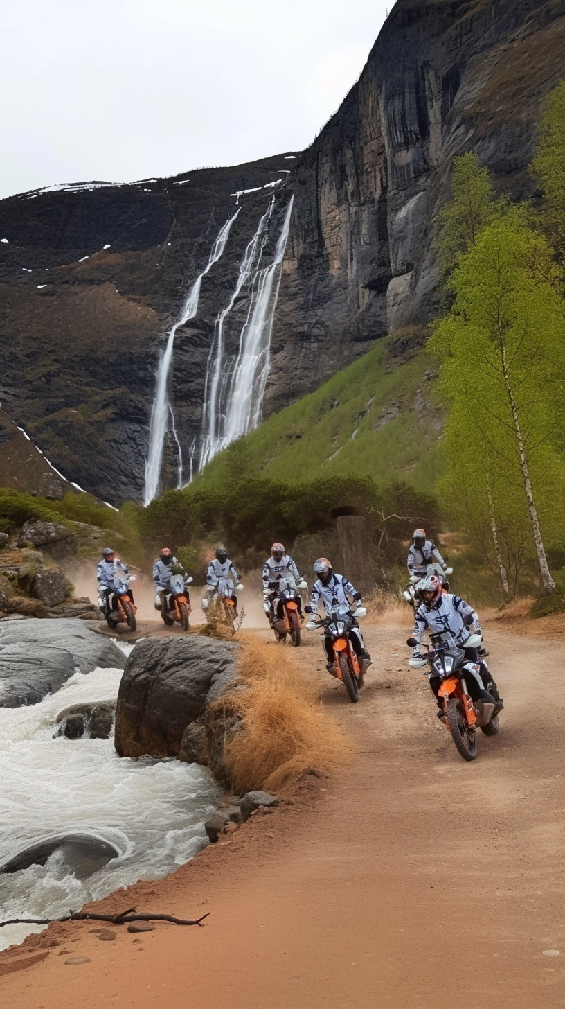 Group of riders on adventure bikes on a track past waterfalls in northern Norway