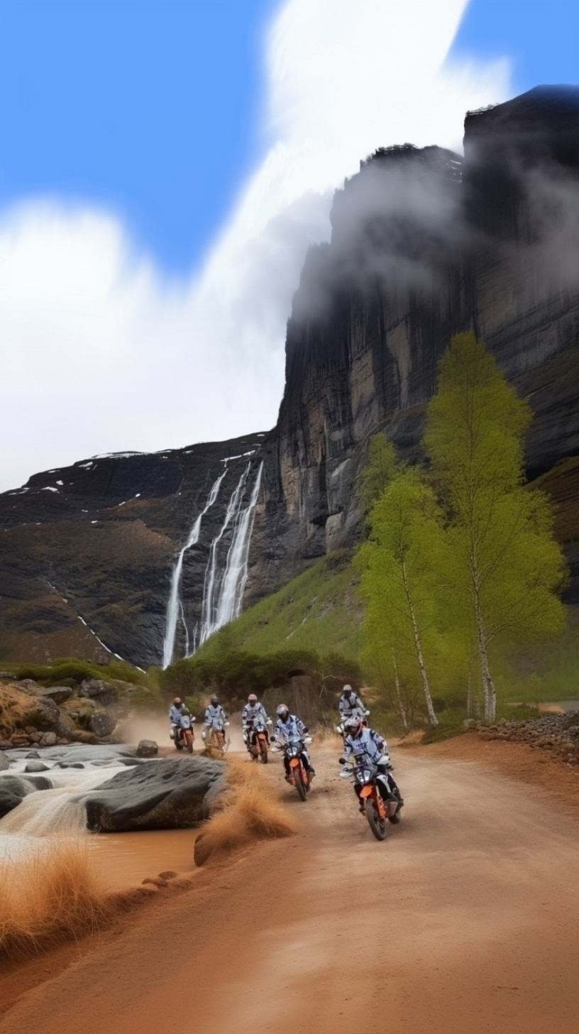Riders on adventure bikes following a gravel track below cliffs and waterfalls in Norway