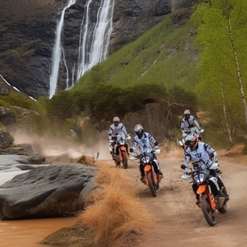 Group of riders on KTM adventure bikes on a gravel track past a waterfall on the North Cape tour