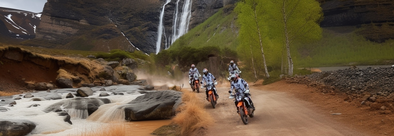 Group of riders on KTM adventure bikes on a gravel track past a waterfall on the North Cape tour