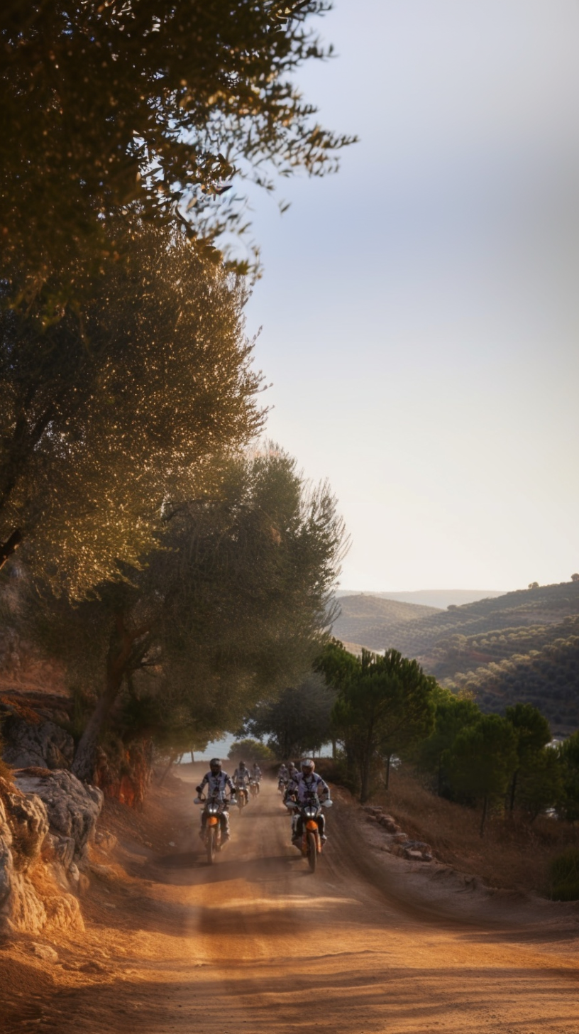 Riders on KTM adventure bikes on a dusty track lined with trees
