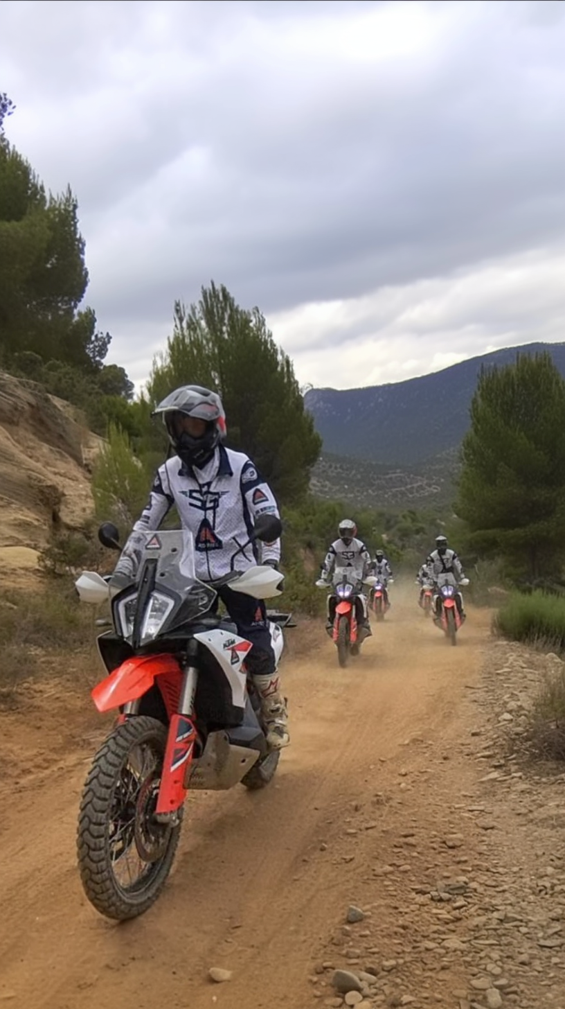 Rider on a KTM adventure bike on a dirt track in the pine-covered hills near Granada