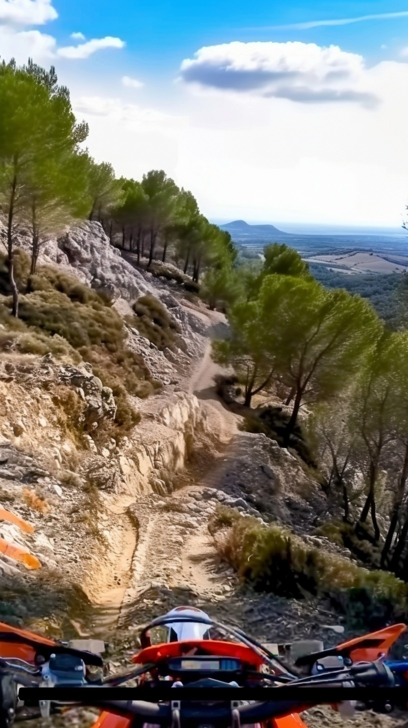 Rider's view from an enduro bike on a rocky mountain trail through pines near Granada