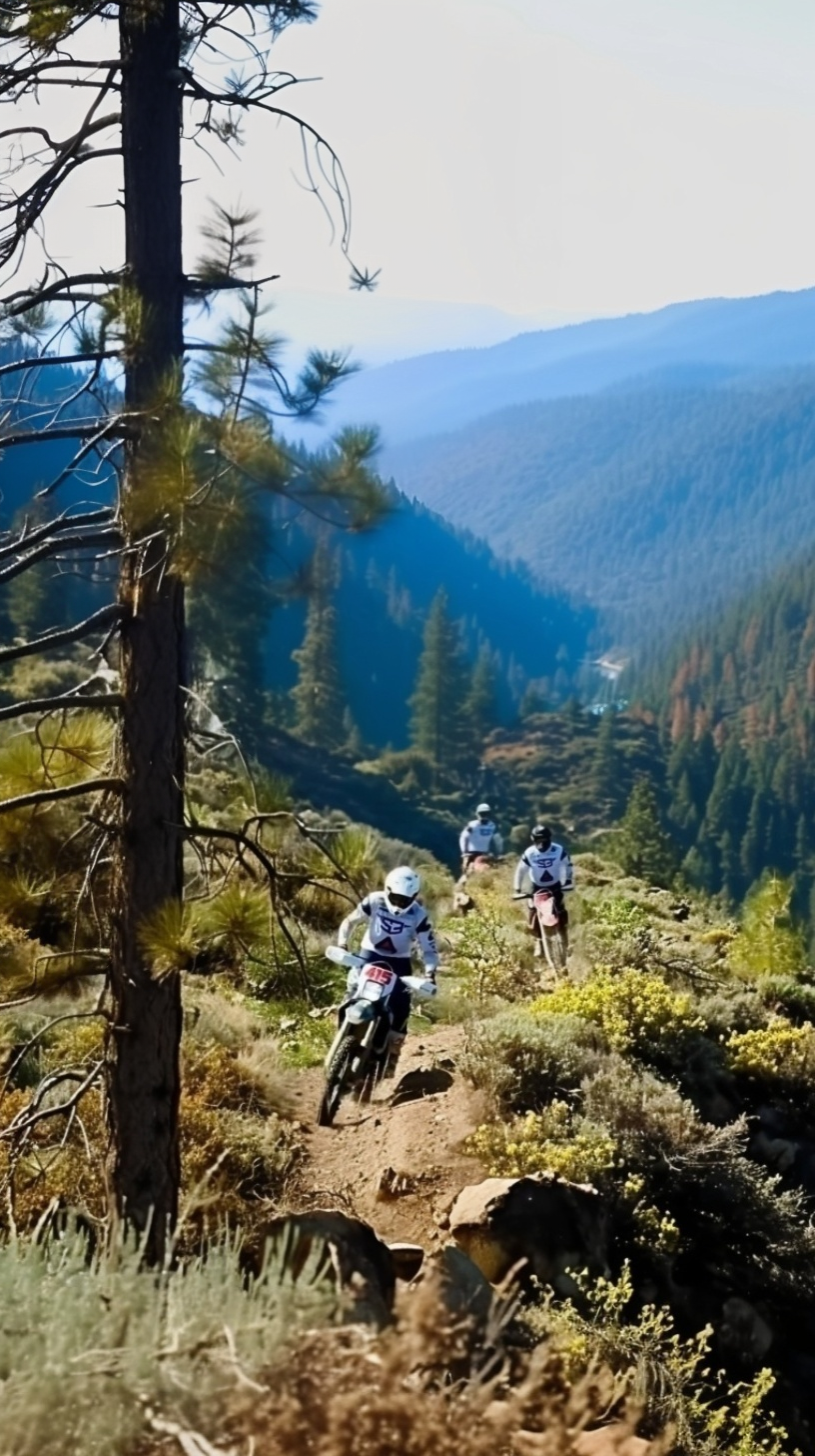 Enduro riders on a trail through pine forest in the mountains near Granada