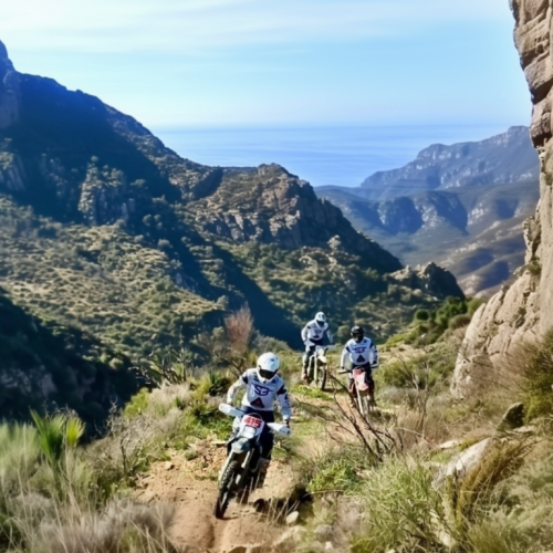 Enduro riders on a mountain trail with views to the Mediterranean on the Enduro Granada tour