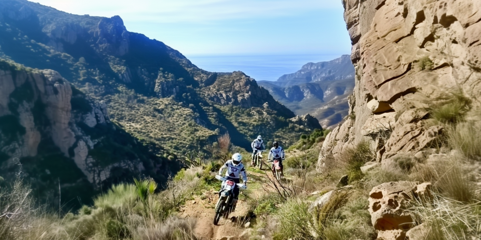 Enduro riders on a mountain trail with views to the Mediterranean on the Enduro Granada tour