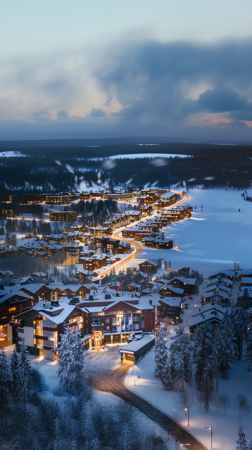 Snow-covered ski village of Levi in Finnish Lapland at dusk