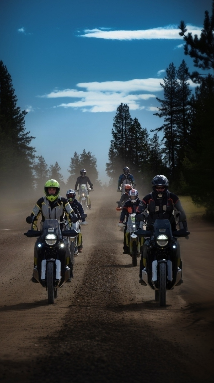 Group of riders on adventure bikes on a gravel road through northern pine forest