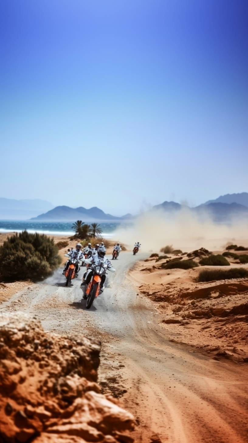Riders on KTM adventure bikes raising dust on a coastal track in northern Morocco