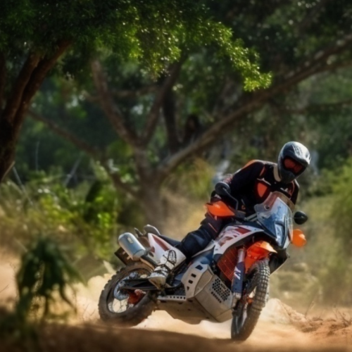 Rider on a KTM adventure bike in a dusty forest bend on the Transpyrenean coast to coast tour