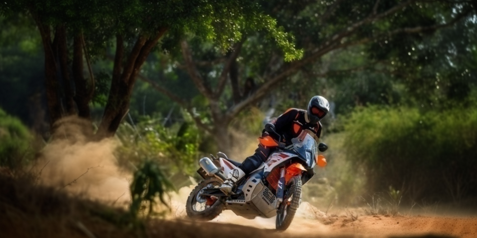 Rider on a KTM adventure bike in a dusty forest bend on the Transpyrenean coast to coast tour
