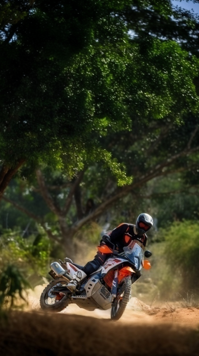 Rider on a KTM adventure bike on a dusty forest track in the Pyrenees
