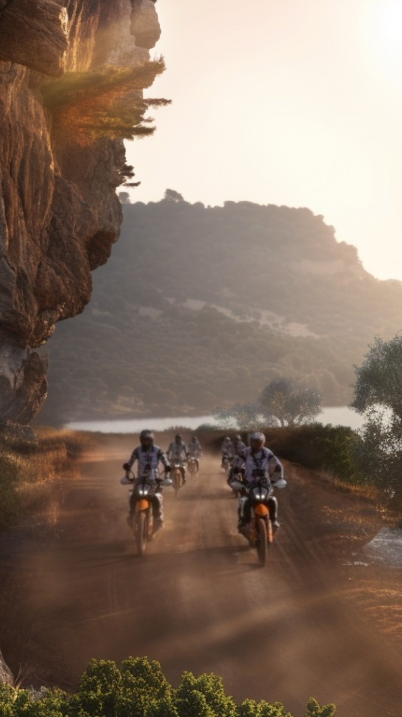 Riders on KTM adventure bikes beside a lake below overhanging cliffs in the Pyrenees