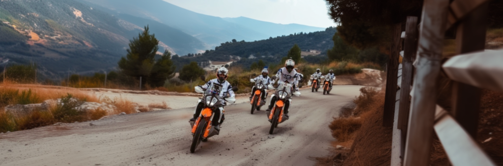 Group of riders on KTM adventure bikes on a mountain road in the Sierra Nevada, Andalusia