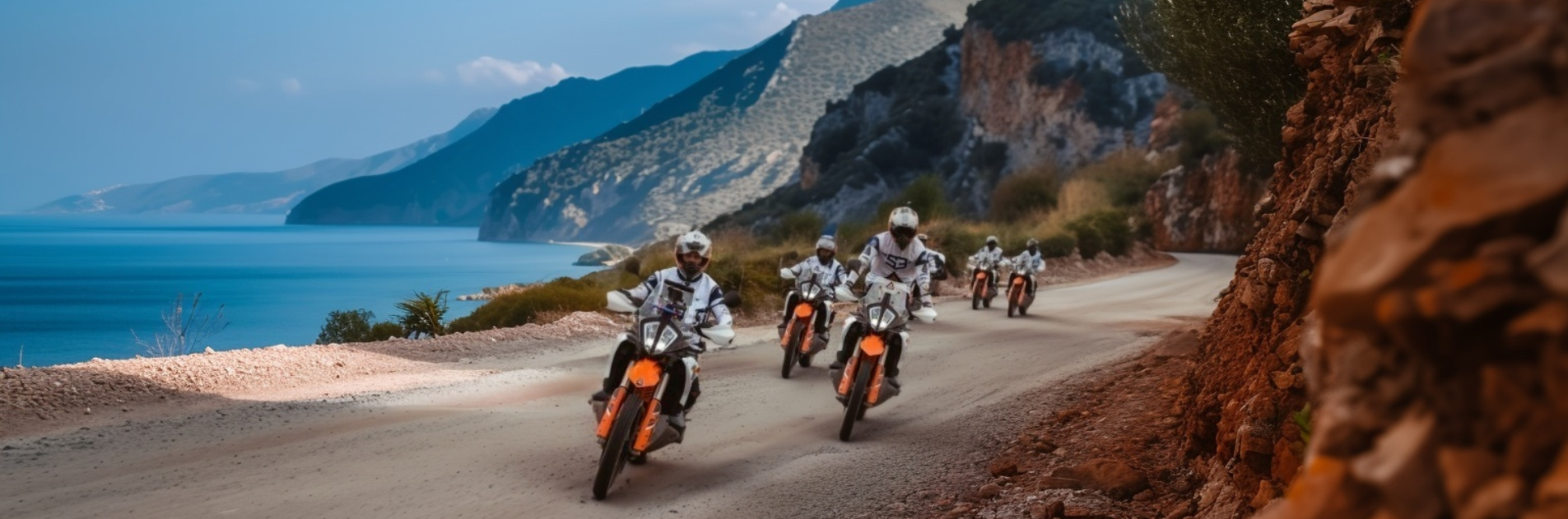 Group of riders on KTM adventure bikes on a coastal mountain road on the Northern Morocco tour