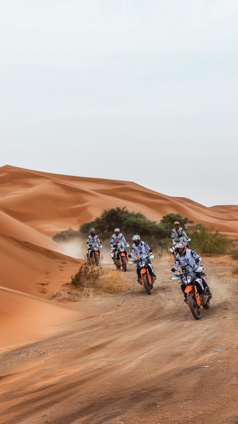 Group of riders on KTM adventure bikes crossing orange Sahara dunes