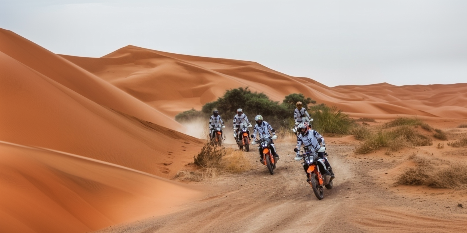 Group of riders on KTM adventure bikes crossing Sahara sand dunes on the TransMorocco tour
