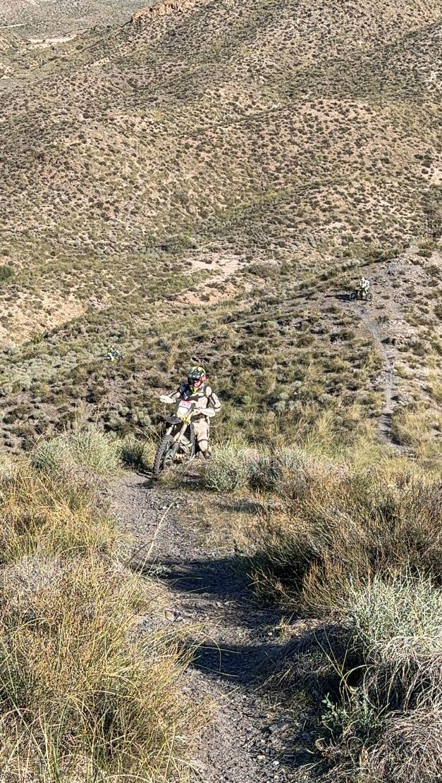 Enduro rider on a singletrack through esparto grass hills in Murcia