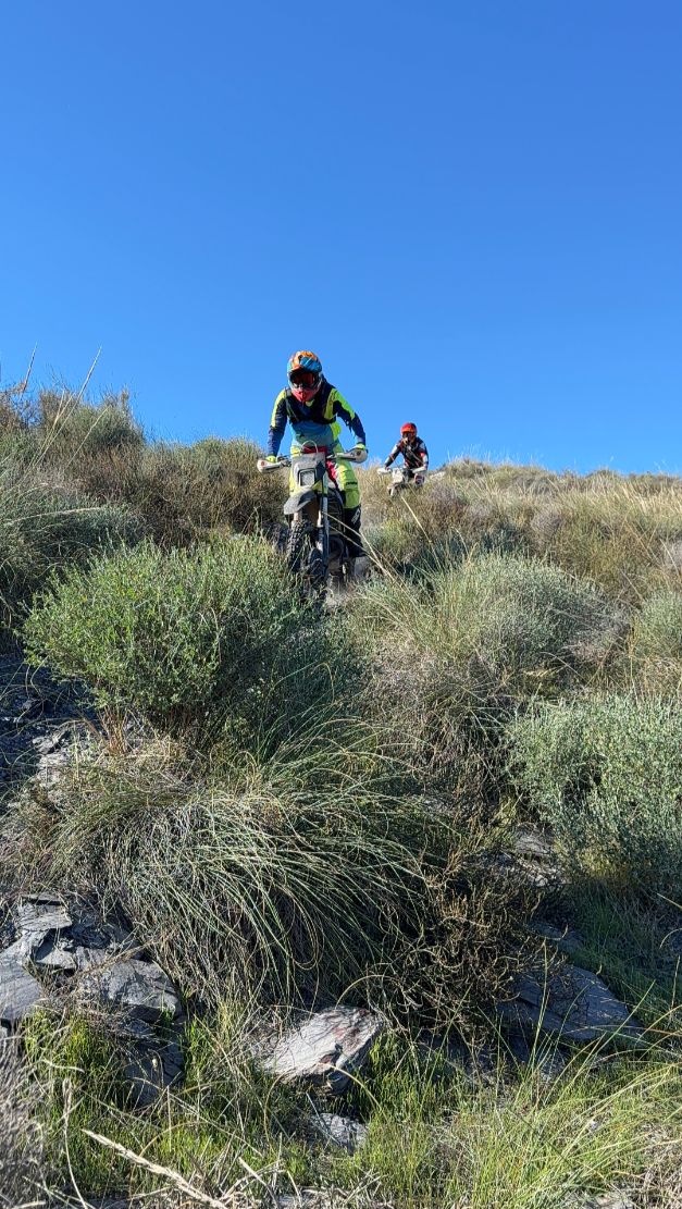 Enduro rider riding down through esparto grass on a mountain ridge