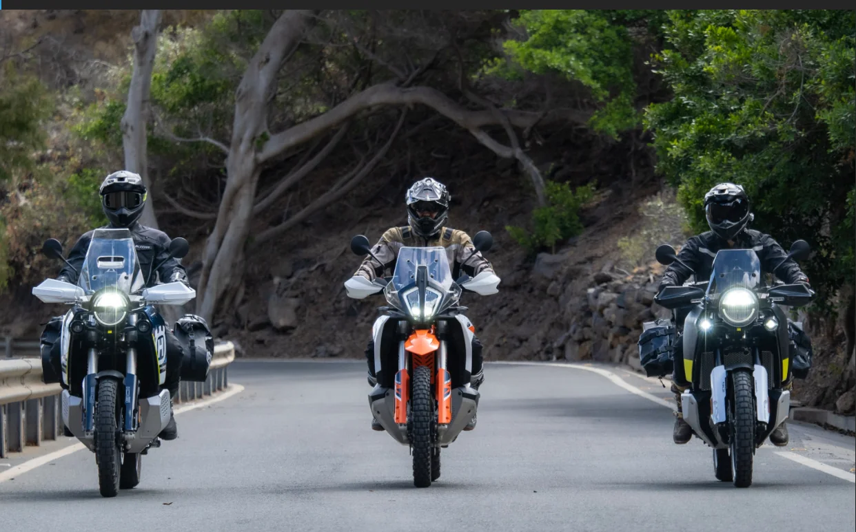Three riders on adventure motorcycles on a tree-lined road in the Canary Islands