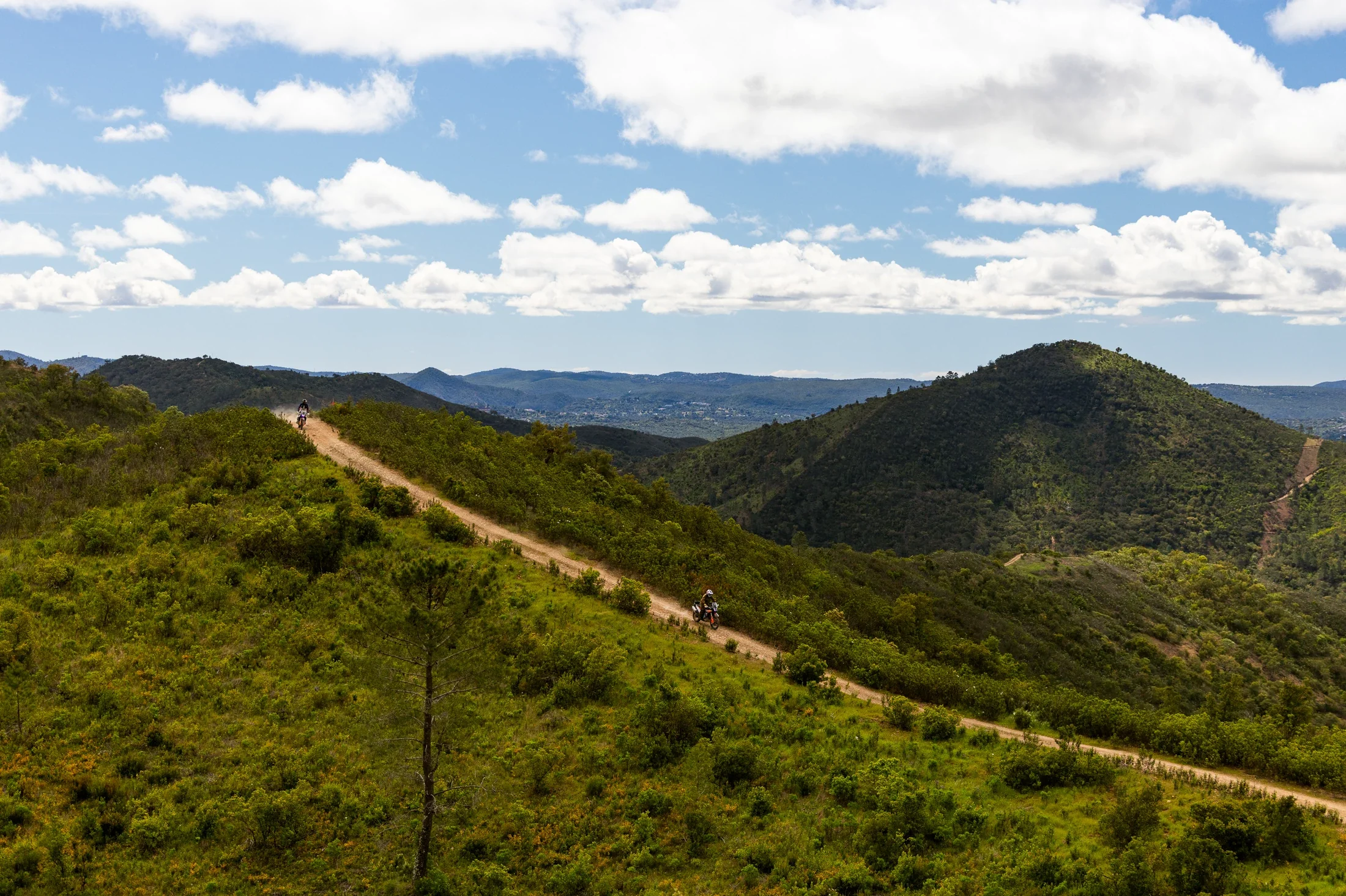 Rider on a dirt track along a green ridge in the Algarve hills