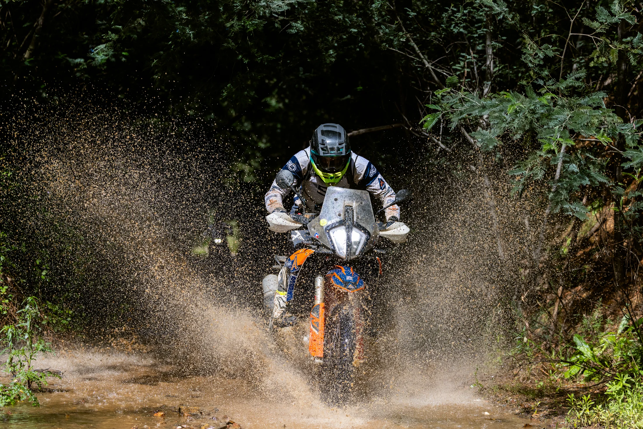 Rider on a KTM adventure bike splashing through a muddy forest track on the 6 Days Portugal ISDE tour
