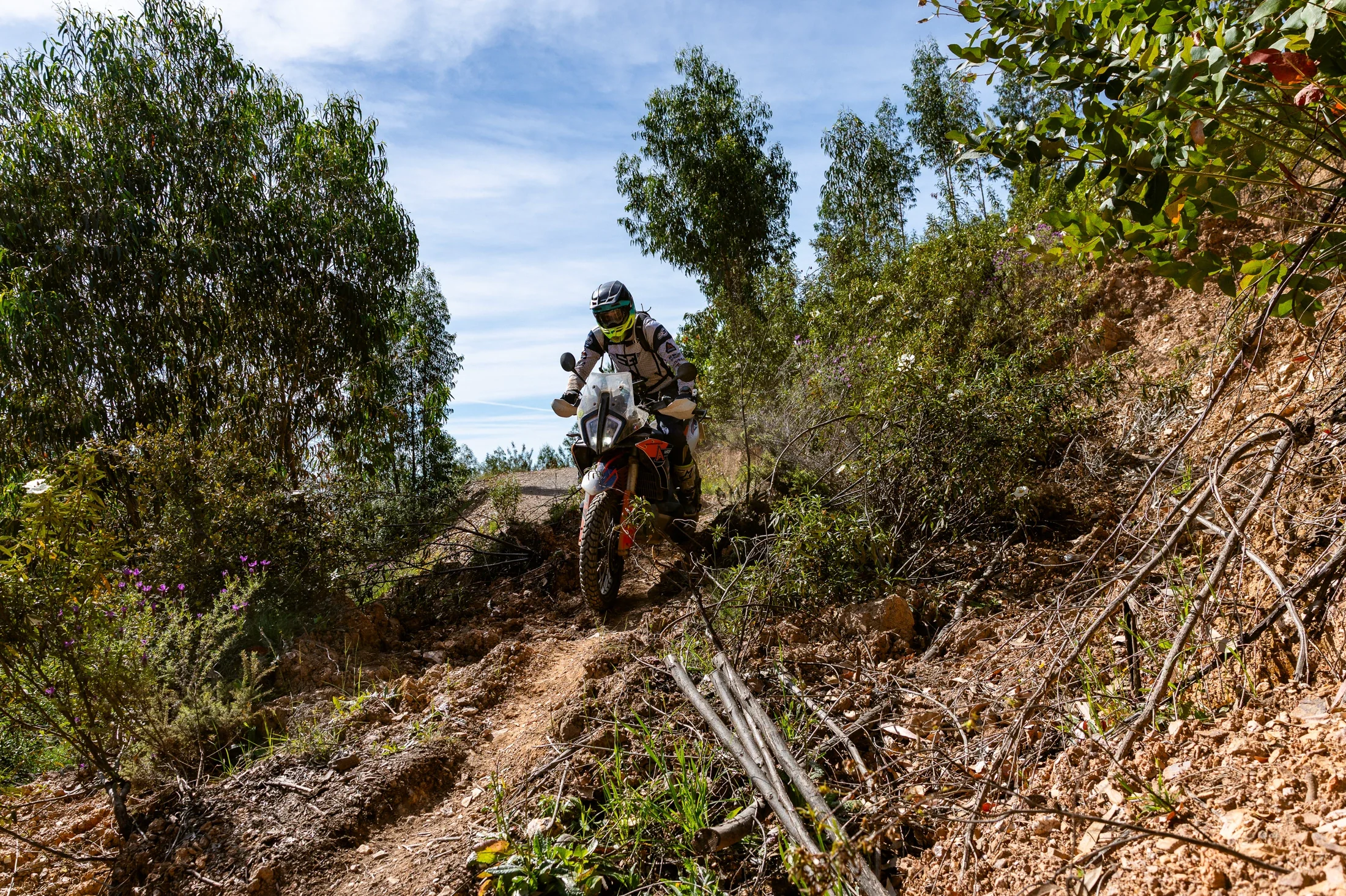 Rider on a KTM adventure bike descending a steep dirt track through scrubland