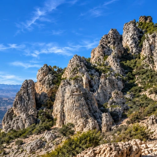 Jagged limestone peaks above a rocky mountain trail