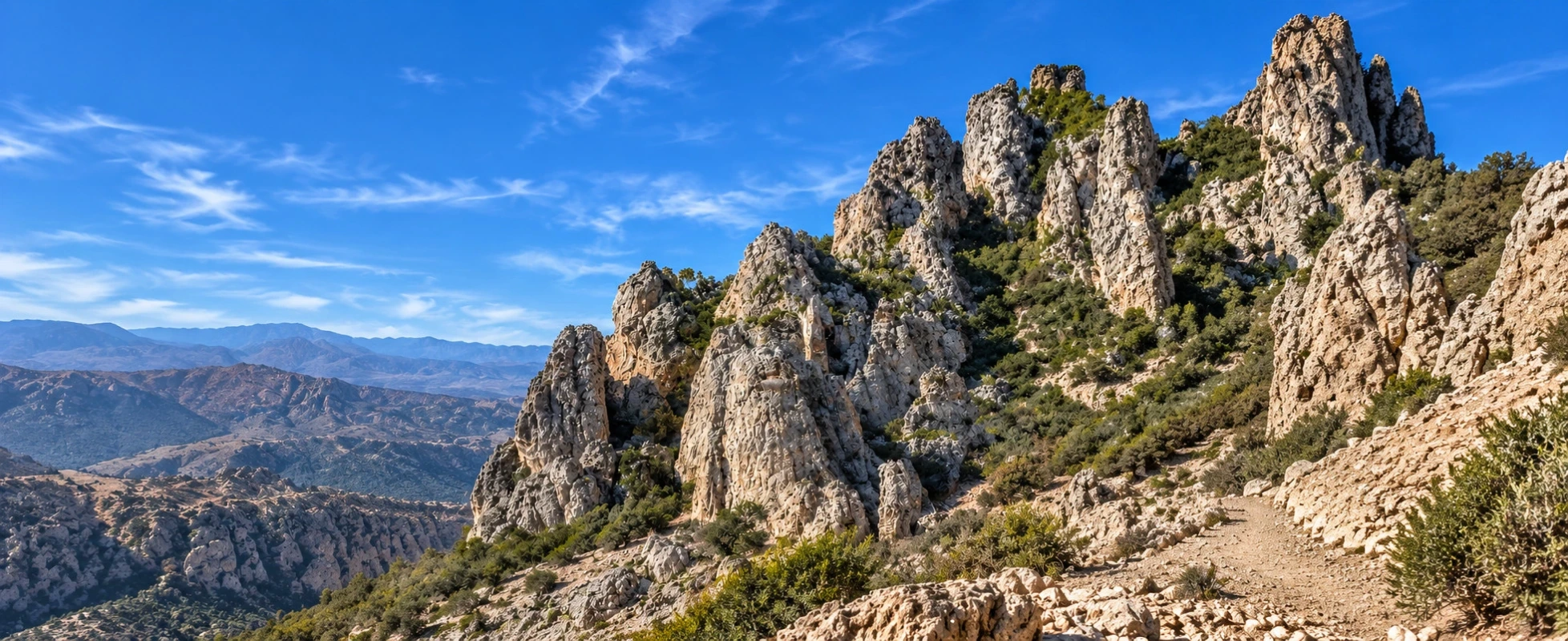 Jagged limestone peaks above a rocky mountain trail